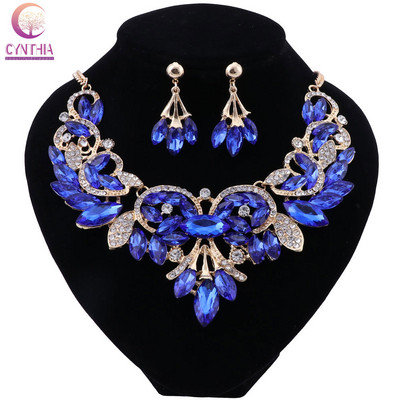 CYNTHIA Fashion Blue Crystal Колие Комплект обеци Комплекти булчински бижута за булки Сватбено парти Комплект бижута