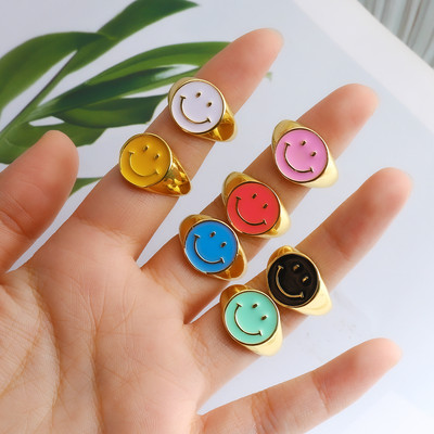 Ins Smile Candy Color Enamel Clear Micro Pave otvárací prsteň pre ženy viacfarebný pozlátený nastaviteľný prsteň Eternity
