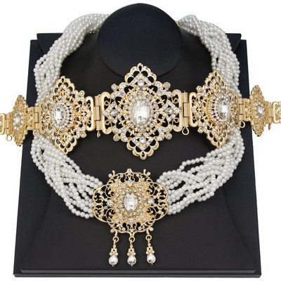 Zlatne boje Marokanska mladenka Kompleti vjenčanog nakita Ženska haljina Pojas oko struka Lanac Višeslojne perle Biserni lanac Ogrlica Kaftan Bijoux