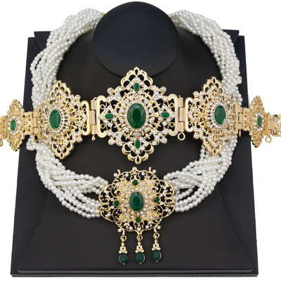Zlatne boje Marokanska mladenka Kompleti vjenčanog nakita Ženska haljina Pojas oko struka Lanac Višeslojne perle Biserni lanac Ogrlica Kaftan Bijoux