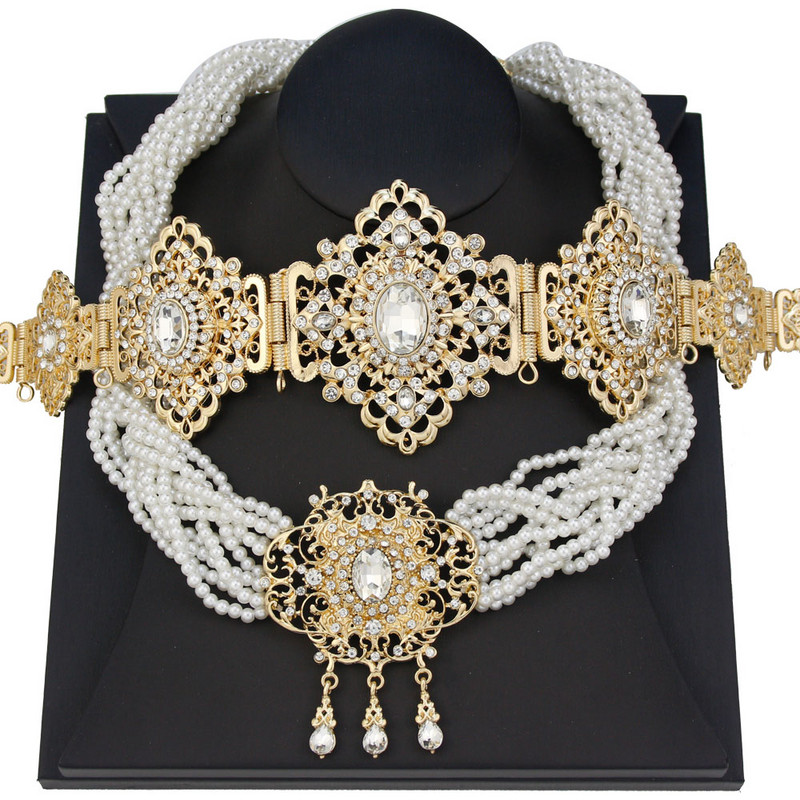 Zlatne boje Marokanska mladenka Kompleti vjenčanog nakita Ženska haljina Pojas oko struka Lanac Višeslojne perle Biserni lanac Ogrlica Kaftan Bijoux
