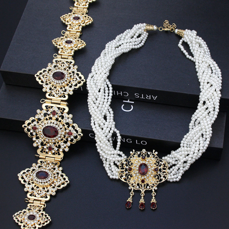 Zlatne boje Marokanska mladenka Kompleti vjenčanog nakita Ženska haljina Pojas oko struka Lanac Višeslojne perle Biserni lanac Ogrlica Kaftan Bijoux