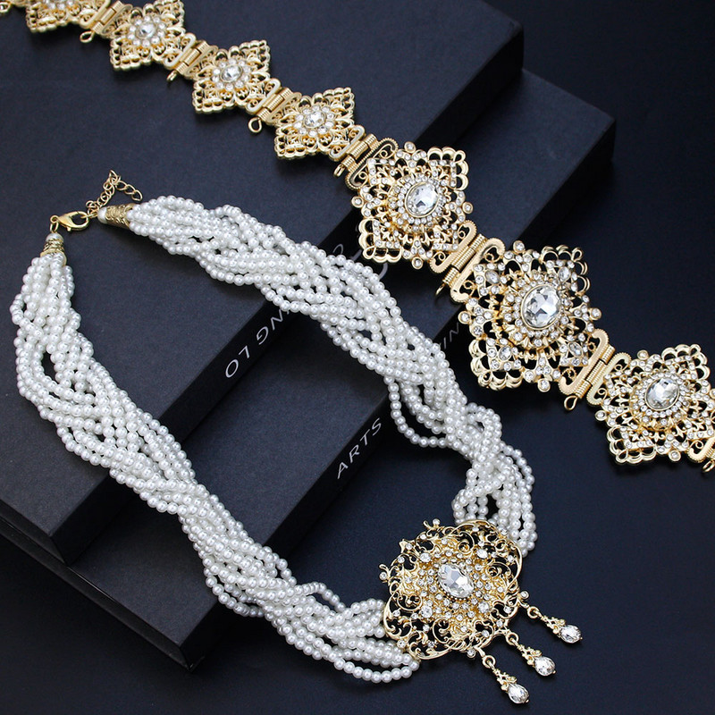 Zlatne boje Marokanska mladenka Kompleti vjenčanog nakita Ženska haljina Pojas oko struka Lanac Višeslojne perle Biserni lanac Ogrlica Kaftan Bijoux