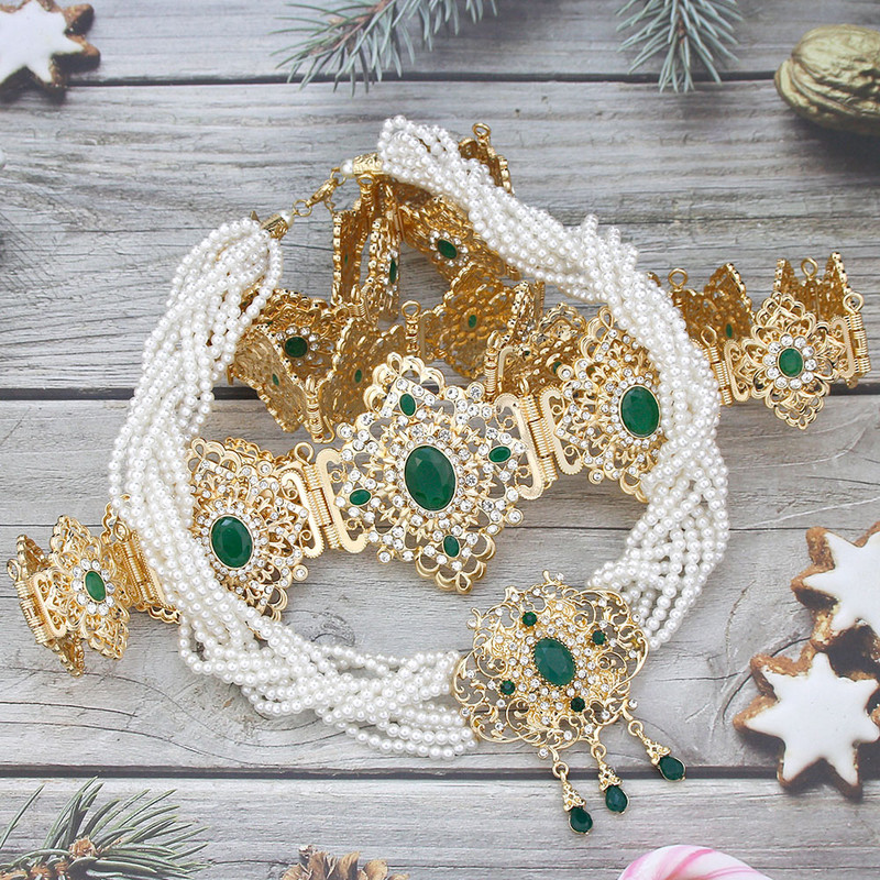 Zlatne boje Marokanska mladenka Kompleti vjenčanog nakita Ženska haljina Pojas oko struka Lanac Višeslojne perle Biserni lanac Ogrlica Kaftan Bijoux
