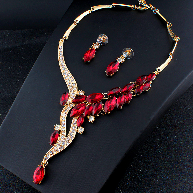 Jiayijiaduo vestuvinių papuošalų rinkiniai Raudonų krištolinių karolių auskarai Dovana žavingoms moterims Aksesuarai Dropshipping Aukso spalvos Pažintys