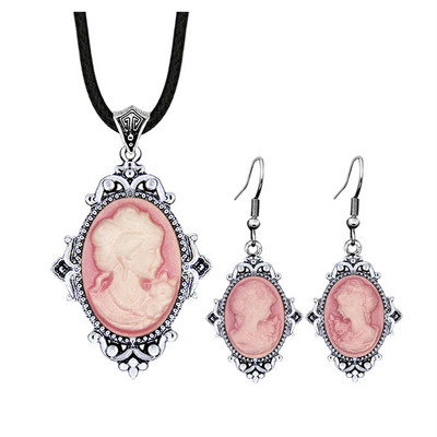 6 színű Vintage Lady Queen Cameo ékszer készletek nőknek Antik ezüstözött Cameo nyaklánc fülbevaló divat ékszer készlet