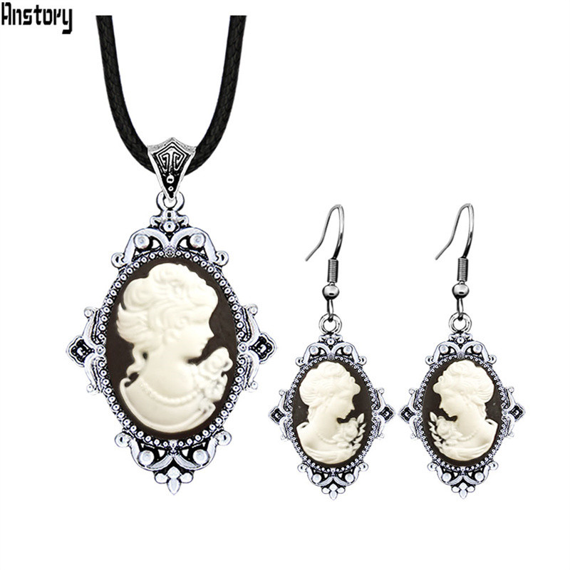 6 színű Vintage Lady Queen Cameo ékszer készletek nőknek Antik ezüstözött Cameo nyaklánc fülbevaló divat ékszer készlet