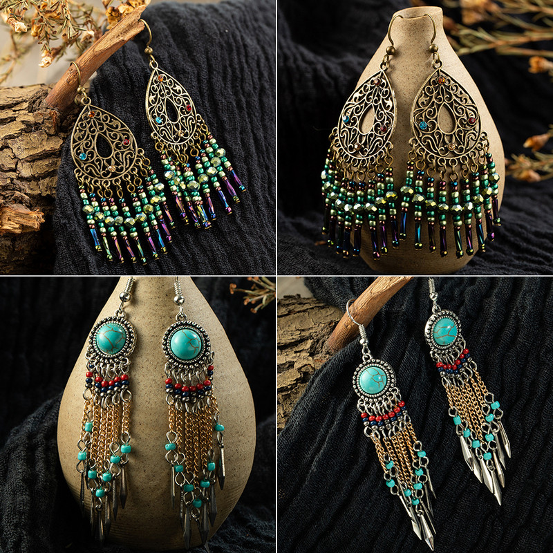 Luxus Boho Bohém Gypsy Vintage etnikai hosszú bojtos csepp fülbevaló, felfüggesztett lógó füldísz női esküvői kiegészítő