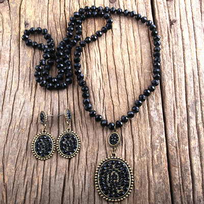RH Fashion Boho ékszer szett üveg hosszú csomózott fém Pave Crystal Dorp nyaklánc fülbevaló szett női ajándék Dropship
