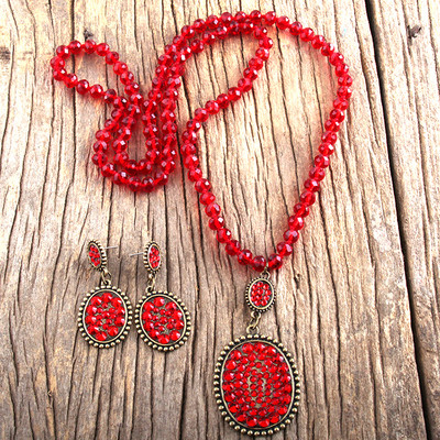 RH Fashion Boho ékszer szett üveg hosszú csomózott fém Pave Crystal Dorp nyaklánc fülbevaló szett női ajándék Dropship
