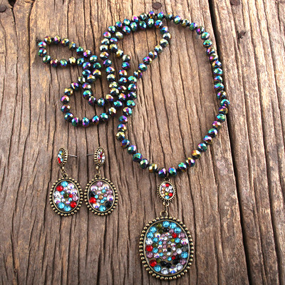 RH Fashion Boho ékszer szett üveg hosszú csomózott fém Pave Crystal Dorp nyaklánc fülbevaló szett női ajándék Dropship