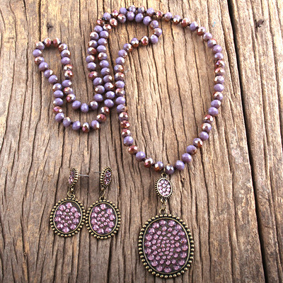 RH Fashion Boho ékszer szett üveg hosszú csomózott fém Pave Crystal Dorp nyaklánc fülbevaló szett női ajándék Dropship