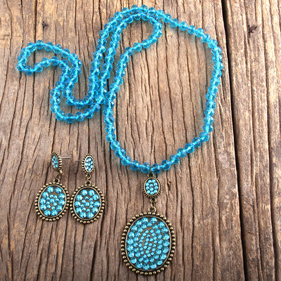 RH Fashion Boho ékszer szett üveg hosszú csomózott fém Pave Crystal Dorp nyaklánc fülbevaló szett női ajándék Dropship