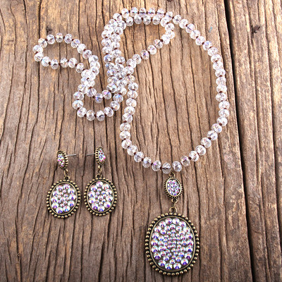 RH Fashion Boho ékszer szett üveg hosszú csomózott fém Pave Crystal Dorp nyaklánc fülbevaló szett női ajándék Dropship