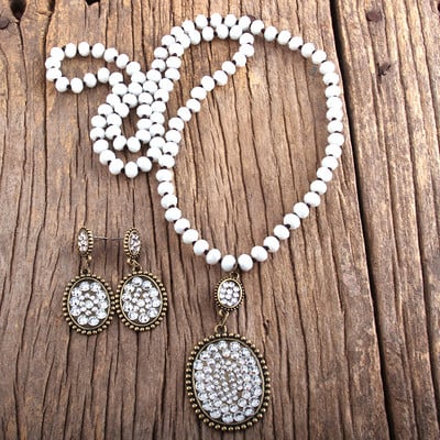 RH Fashion Boho ékszer szett üveg hosszú csomózott fém Pave Crystal Dorp nyaklánc fülbevaló szett női ajándék Dropship