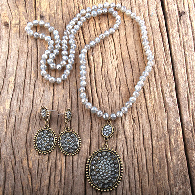 RH Fashion Boho ékszer szett üveg hosszú csomózott fém Pave Crystal Dorp nyaklánc fülbevaló szett női ajándék Dropship