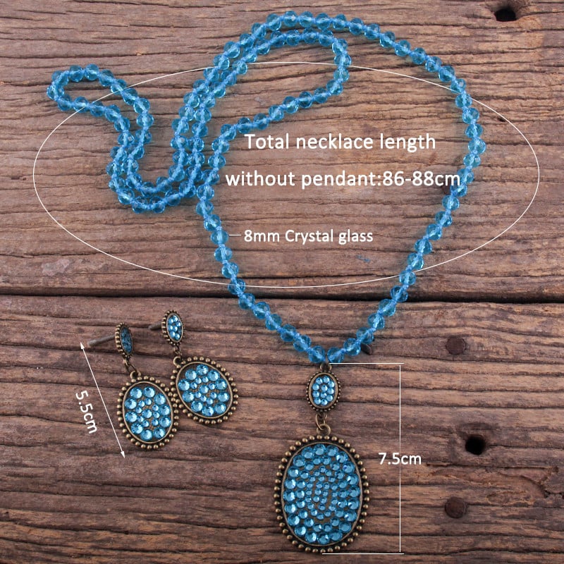 RH Fashion Boho ékszer szett üveg hosszú csomózott fém Pave Crystal Dorp nyaklánc fülbevaló szett női ajándék Dropship