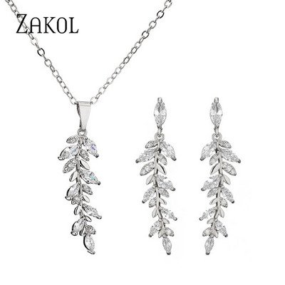 ZAKOL Luxus Fashion Leaf Cubic cirkónia fülbevaló nyaklánc ékszer szett nőknek Charm menyasszonyi esküvői kiegészítők ajándékok SP3407