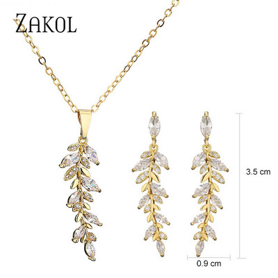 ZAKOL Luxus Fashion Leaf Cubic cirkónia fülbevaló nyaklánc ékszer szett nőknek Charm menyasszonyi esküvői kiegészítők ajándékok SP3407