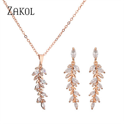 ZAKOL Luxus Fashion Leaf Cubic cirkónia fülbevaló nyaklánc ékszer szett nőknek Charm menyasszonyi esküvői kiegészítők ajándékok SP3407