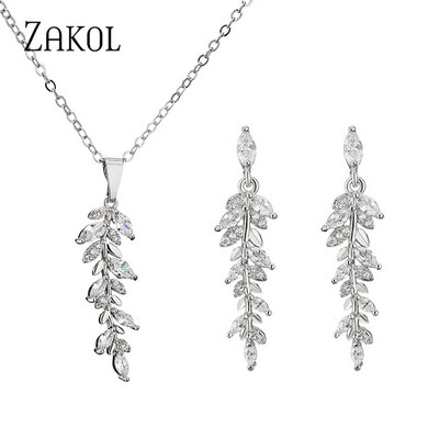 ZAKOL Luxus Fashion Leaf Cubic cirkónia fülbevaló nyaklánc ékszer szett nőknek Charm menyasszonyi esküvői kiegészítők ajándékok SP3407