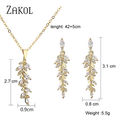 ZAKOL Luxus Fashion Leaf Cubic cirkónia fülbevaló nyaklánc ékszer szett nőknek Charm menyasszonyi esküvői kiegészítők ajándékok SP3407