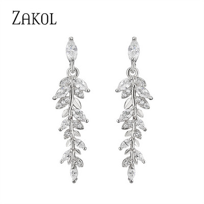 ZAKOL Luxus Fashion Leaf Cubic cirkónia fülbevaló nyaklánc ékszer szett nőknek Charm menyasszonyi esküvői kiegészítők ajándékok SP3407