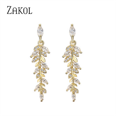 ZAKOL Luxus Fashion Leaf Cubic cirkónia fülbevaló nyaklánc ékszer szett nőknek Charm menyasszonyi esküvői kiegészítők ajándékok SP3407