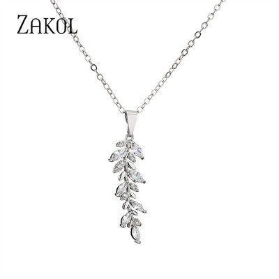 ZAKOL Luxus Fashion Leaf Cubic cirkónia fülbevaló nyaklánc ékszer szett nőknek Charm menyasszonyi esküvői kiegészítők ajándékok SP3407