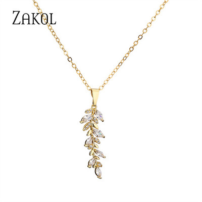 ZAKOL Luxus Fashion Leaf Cubic cirkónia fülbevaló nyaklánc ékszer szett nőknek Charm menyasszonyi esküvői kiegészítők ajándékok SP3407