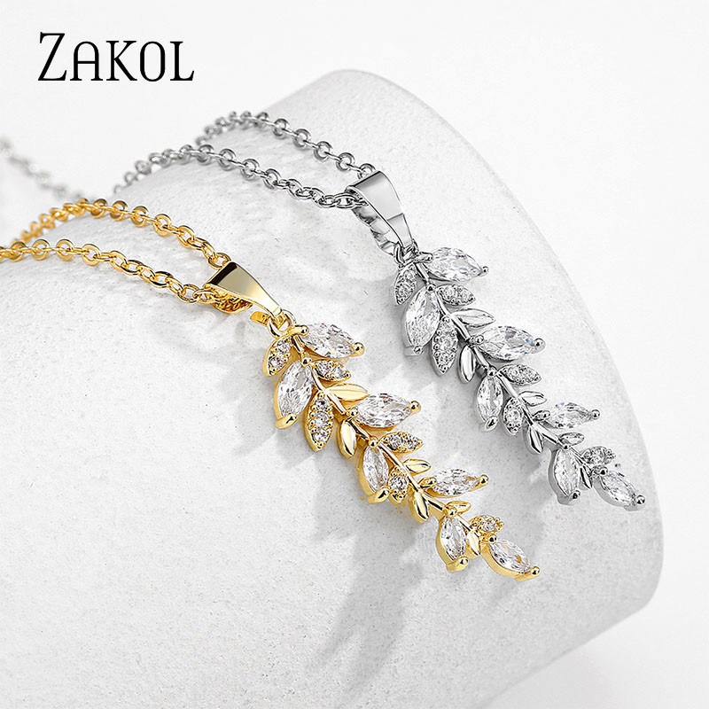 ZAKOL Luxus Fashion Leaf Cubic cirkónia fülbevaló nyaklánc ékszer szett nőknek Charm menyasszonyi esküvői kiegészítők ajándékok SP3407
