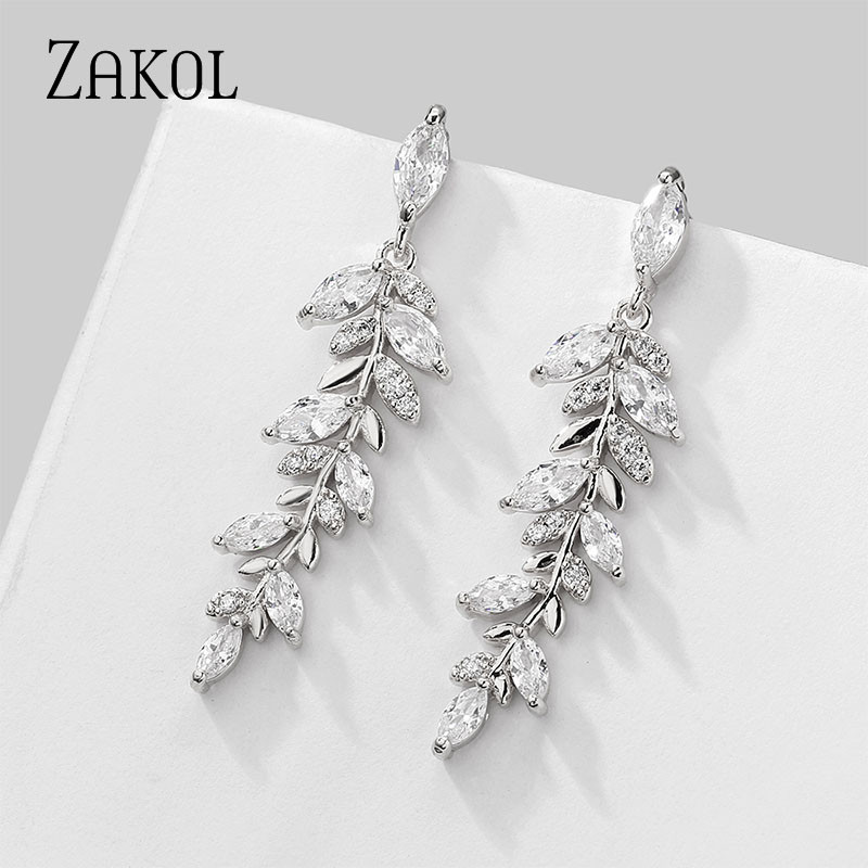 ZAKOL Luxus Fashion Leaf Cubic cirkónia fülbevaló nyaklánc ékszer szett nőknek Charm menyasszonyi esküvői kiegészítők ajándékok SP3407