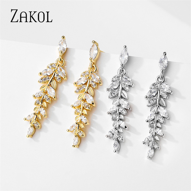 ZAKOL Luxus Fashion Leaf Cubic cirkónia fülbevaló nyaklánc ékszer szett nőknek Charm menyasszonyi esküvői kiegészítők ajándékok SP3407