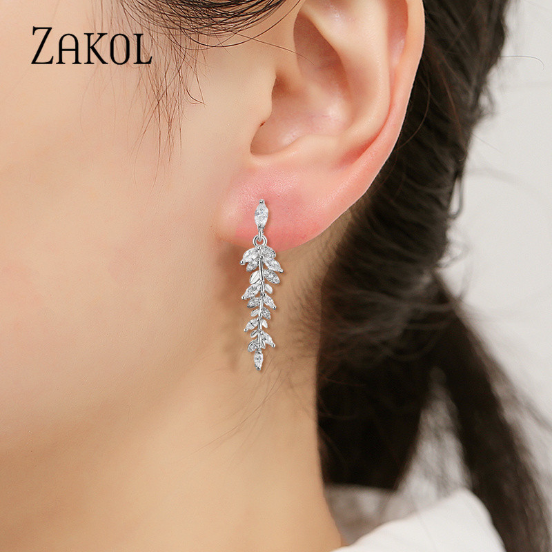 ZAKOL Luxus Fashion Leaf Cubic cirkónia fülbevaló nyaklánc ékszer szett nőknek Charm menyasszonyi esküvői kiegészítők ajándékok SP3407