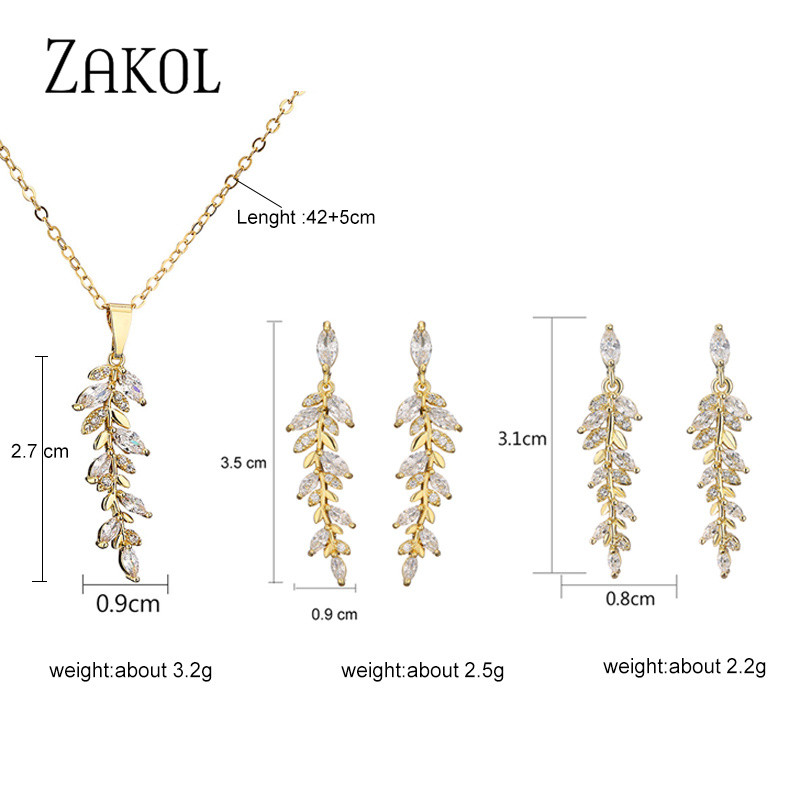ZAKOL Luxus Fashion Leaf Cubic cirkónia fülbevaló nyaklánc ékszer szett nőknek Charm menyasszonyi esküvői kiegészítők ajándékok SP3407
