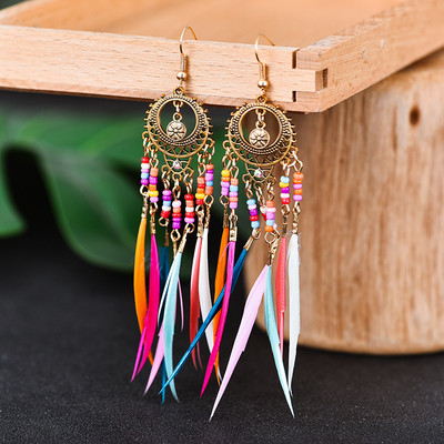 Hipi ženske geometrijske legure, duge viseće naušnice s resicama, boemski boho nakit, šarene pernate naušnice Brincos Bijoux