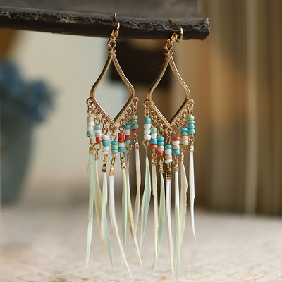 Hipi ženske geometrijske legure, duge viseće naušnice s resicama, boemski boho nakit, šarene pernate naušnice Brincos Bijoux