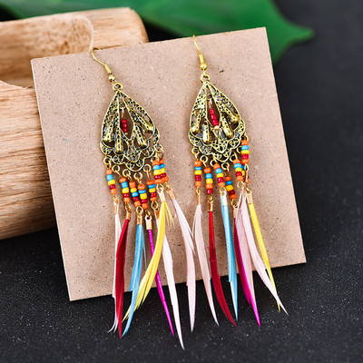 Hipi ženske geometrijske legure, duge viseće naušnice s resicama, boemski boho nakit, šarene pernate naušnice Brincos Bijoux