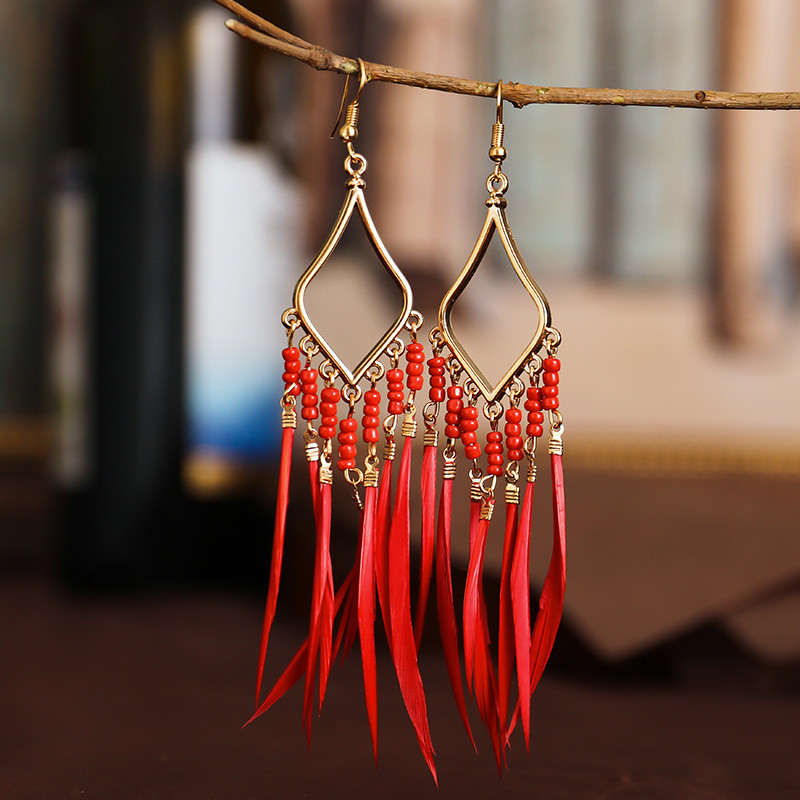 Hipi ženske geometrijske legure, duge viseće naušnice s resicama, boemski boho nakit, šarene pernate naušnice Brincos Bijoux