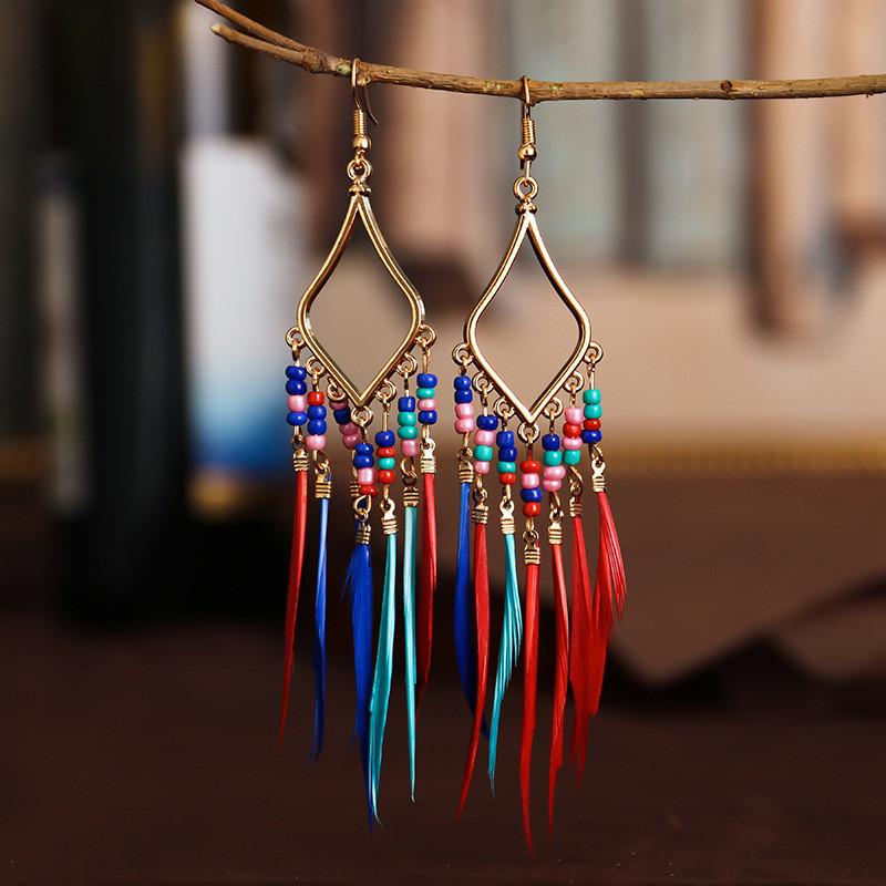 Hipi ženske geometrijske legure, duge viseće naušnice s resicama, boemski boho nakit, šarene pernate naušnice Brincos Bijoux