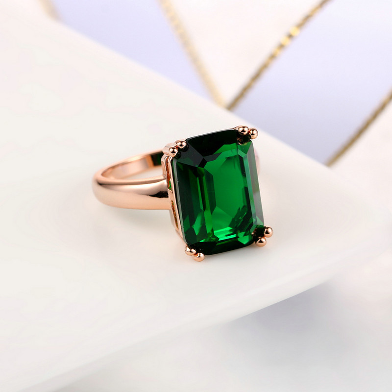 Fashion Green Big Square Crystal Crystal κοσμήματα για γυναίκες Ροζ χρυσό Δαχτυλίδι κοκτέιλ με πέτρινο βραδινό κόσμημα R700