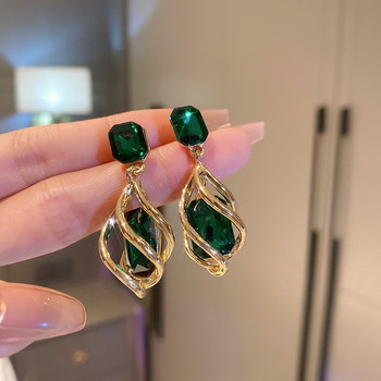 Луксозни модни висящи обеци със зелен камък и кристали за жени Модерни златни цветни кухи обеци Подаръци за рожден ден Pendientes Mujer