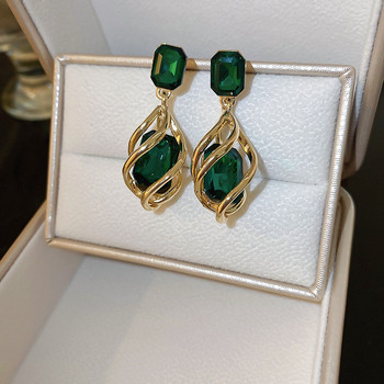 Луксозни модни висящи обеци със зелен камък и кристали за жени Модерни златни цветни кухи обеци Подаръци за рожден ден Pendientes Mujer