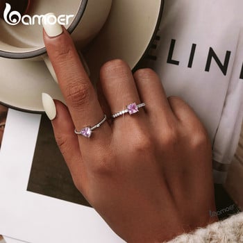 bamoer Real 925 Sterling Silver Pink Love CZ пръстен за модни жени Сладки фини бижута Сватбени аксесоари Подарък BSR157