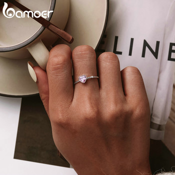 bamoer Real 925 Sterling Silver Pink Love CZ пръстен за модни жени Сладки фини бижута Сватбени аксесоари Подарък BSR157