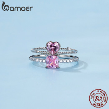 bamoer Real 925 Sterling Silver Pink Love CZ пръстен за модни жени Сладки фини бижута Сватбени аксесоари Подарък BSR157