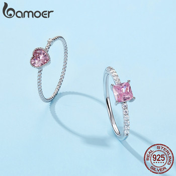 bamoer Real 925 ασημένιο ροζ δαχτυλίδι αγάπης CZ για γυναίκες της μόδας Χαριτωμένα εκλεκτά κοσμήματα Αξεσουάρ γάμου Δώρο BSR157