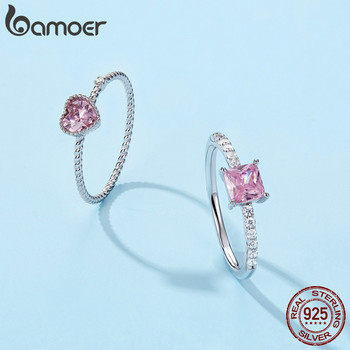 bamoer Real 925 Sterling Silver Pink Love CZ пръстен за модни жени Сладки фини бижута Сватбени аксесоари Подарък BSR157