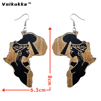 VOIKUKKA Бижута Лазерно рязане Дървени обеци във формата на Африка с издълбани етнически аксесоари за африканска жена за подарък на едро