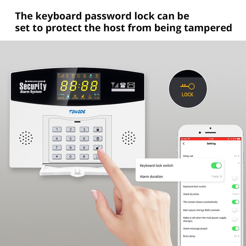 TOWODE Tuya Smart Home riasztórendszer WIFI GSM vezetékes vezeték nélküli biztonság színes LCD kijelzővel mozgásérzékelővel kompatibilis Alexa